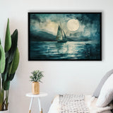 Muted Sailboat In Moonlight, Landscape Art Watercolor Painting, Framed Painting Canvas Print Wall Art Decor, Floating Frame