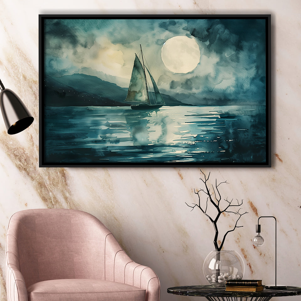 Muted Sailboat In Moonlight, Landscape Art Watercolor Painting, Framed Painting Canvas Print Wall Art Decor, Floating Frame