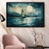 Muted Sailboat In Moonlight, Landscape Art Watercolor Painting, Framed Painting Canvas Print Wall Art Decor, Floating Frame
