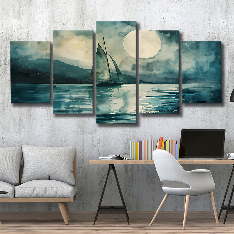 Muted Sailboat In Moonlight, Landscape Art Watercolor Painting, Mixed 5 Panel Canvas Print Wall Art Decor, Large Canvas
