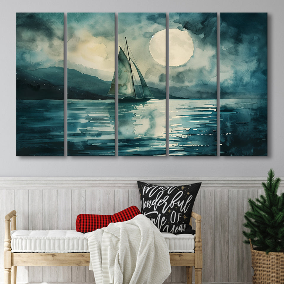 Muted Sailboat In Moonlight, Landscape Art Watercolor Painting, Mixed 5 Panel B Canvas Print Wall Art, Extra Large Canvas