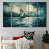 Muted Sailboat In Moonlight, Landscape Art Watercolor Painting, Mixed 5 Panel B Canvas Print Wall Art, Extra Large Canvas