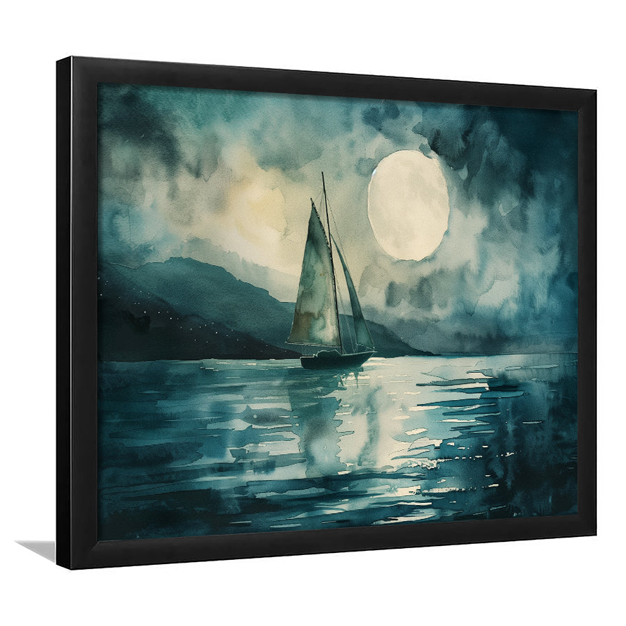 Muted Sailboat In Moonlight, Landscape Art Watercolor Painting, Framed Art Print Wall Decor, Picture Framed Painting Art