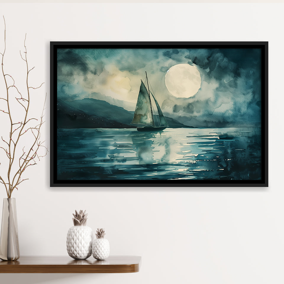 Muted Sailboat In Moonlight, Landscape Art Watercolor Painting, Framed Painting Canvas Print Wall Art Decor, Floating Frame