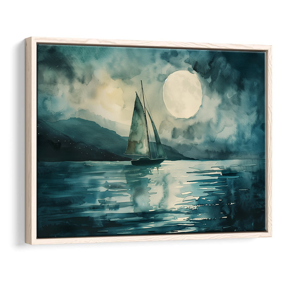 Muted Sailboat In Moonlight, Landscape Art Watercolor Painting, Framed Painting Canvas Print Wall Art Decor, Floating Frame