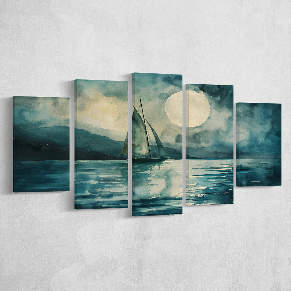 Muted Sailboat In Moonlight, Landscape Art Watercolor Painting, Mixed 5 Panel Canvas Print Wall Art Decor, Large Canvas