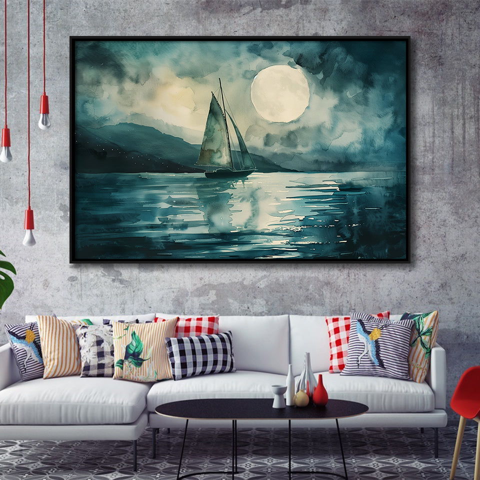 Muted Sailboat In Moonlight, Landscape Art Watercolor Painting, Framed Painting Canvas Print Wall Art Decor, Floating Frame