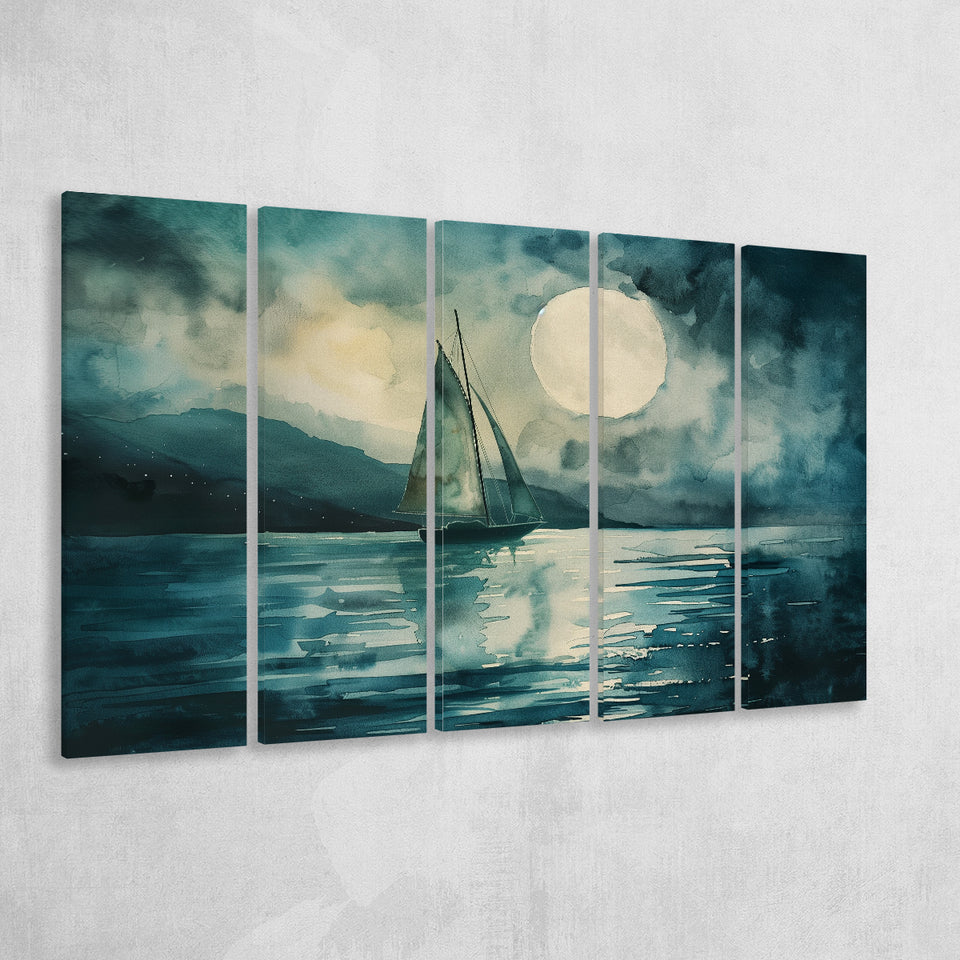 Muted Sailboat In Moonlight, Landscape Art Watercolor Painting, Mixed 5 Panel B Canvas Print Wall Art, Extra Large Canvas