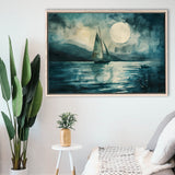 Muted Sailboat In Moonlight, Landscape Art Watercolor Painting, Framed Painting Canvas Print Wall Art Decor, Floating Frame