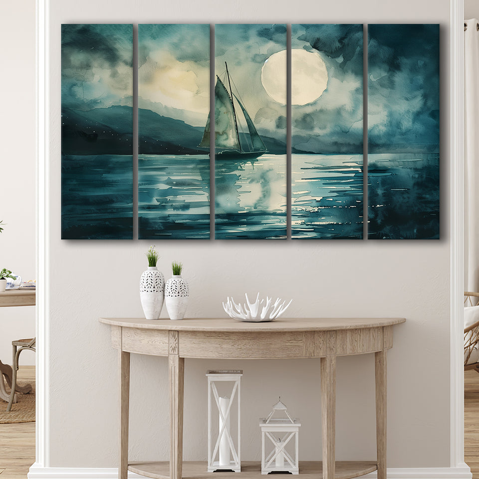 Muted Sailboat In Moonlight, Landscape Art Watercolor Painting, Mixed 5 Panel B Canvas Print Wall Art, Extra Large Canvas