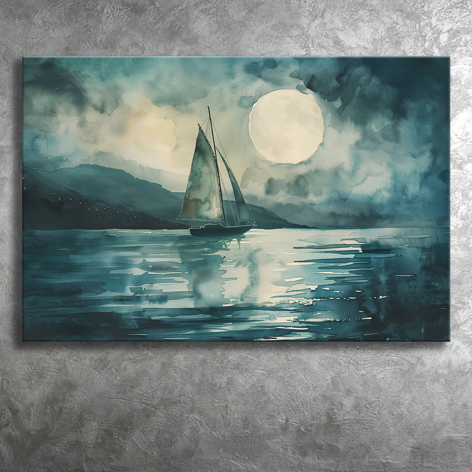 Muted Sailboat In Moonlight, Landscape Art Watercolor Painting, Canvas Print Wall Art Home Decor, Painting Canvas Art Print