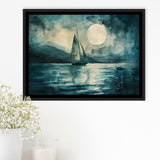 Muted Sailboat In Moonlight, Landscape Art Watercolor Painting, Framed Painting Canvas Print Wall Art Decor, Floating Frame