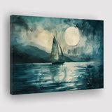 Muted Sailboat In Moonlight, Landscape Art Watercolor Painting, Canvas Print Wall Art Home Decor, Painting Canvas Art Print