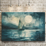 Muted Sailboat In Moonlight, Landscape Art Watercolor Painting, Canvas Print Wall Art Home Decor, Painting Canvas Art Print