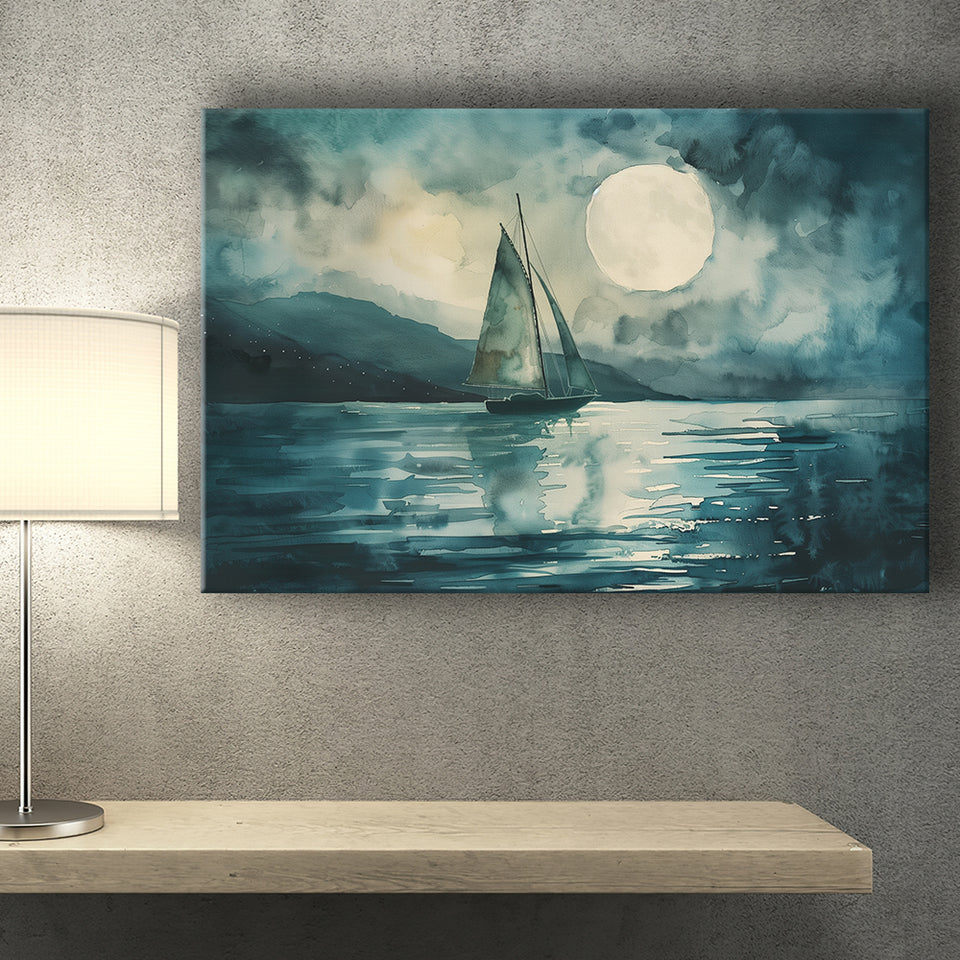 Muted Sailboat In Moonlight, Landscape Art Watercolor Painting, Canvas Print Wall Art Home Decor, Painting Canvas Art Print