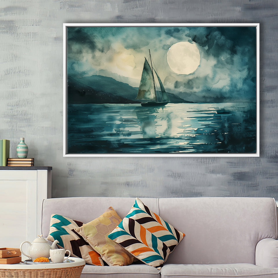 Muted Sailboat In Moonlight, Landscape Art Watercolor Painting, Framed Painting Canvas Print Wall Art Decor, Floating Frame
