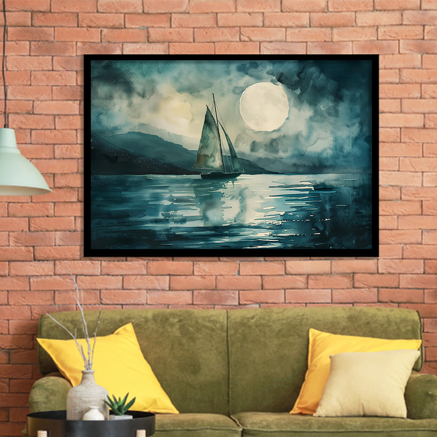 Muted Sailboat In Moonlight, Landscape Art Watercolor Painting, Framed Art Print Wall Decor, Picture Framed Painting Art
