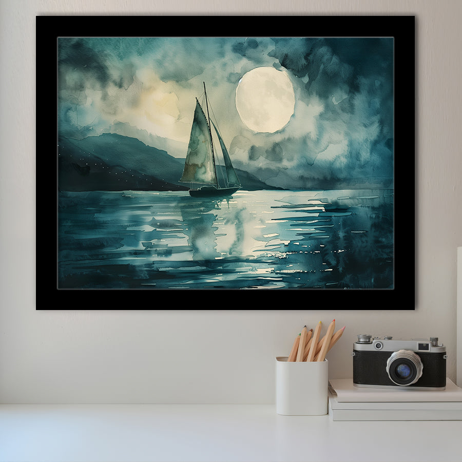 Muted Sailboat In Moonlight, Landscape Art Watercolor Painting, Framed Art Print Wall Decor, Picture Framed Painting Art