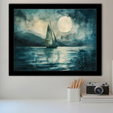 Muted Sailboat In Moonlight, Landscape Art Watercolor Painting, Framed Art Print Wall Decor, Picture Framed Painting Art