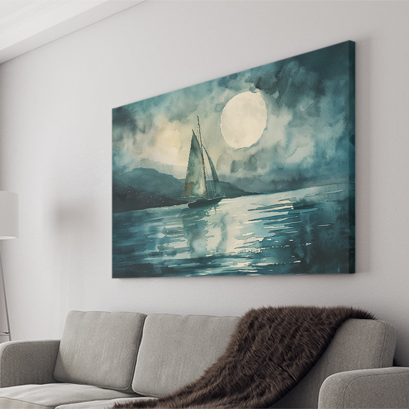 Muted Sailboat In Moonlight, Landscape Art Watercolor Painting, Canvas Print Wall Art Home Decor, Painting Canvas Art Print