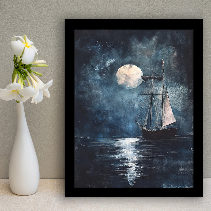 Muted Sailboat In Moonlight Oil Painting, Framed Art Prints Wall Decor, Picture Framed Painting