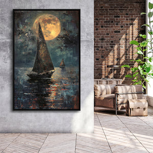 Muted Sailboat In Moonlight Oil Painting V1, Framed Canvas Prints Wall Art Decor, Floarting Frame Painting Canvas Art