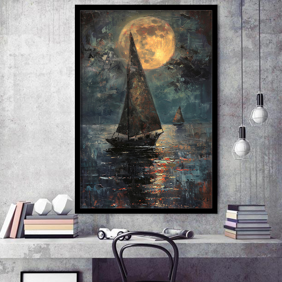 Muted Sailboat In Moonlight Oil Painting V1, Framed Art Prints Wall Decor, Picture Framed Painting