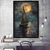 Muted Sailboat In Moonlight Oil Painting V1, Framed Art Prints Wall Decor, Picture Framed Painting
