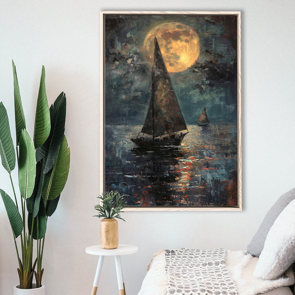 Muted Sailboat In Moonlight Oil Painting V1, Framed Canvas Prints Wall Art Decor, Floarting Frame Painting Canvas Art