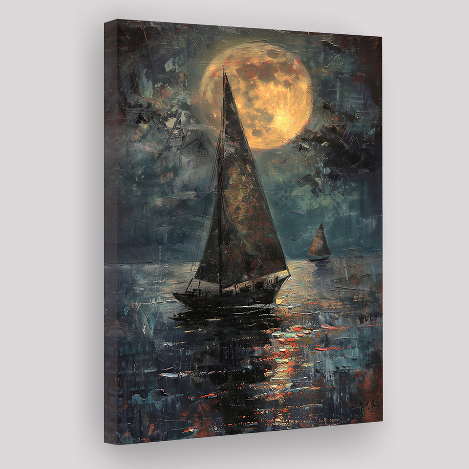 Muted Sailboat In Moonlight Oil Painting V1, Canvas Prints Wall Art Home Decor, Painting Canvas Art
