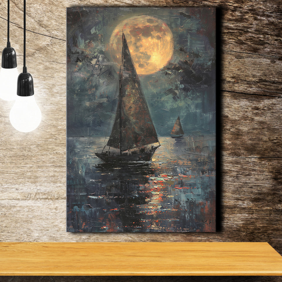 Muted Sailboat In Moonlight Oil Painting V1, Canvas Prints Wall Art Home Decor, Painting Canvas Art