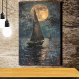 Muted Sailboat In Moonlight Oil Painting V1, Canvas Prints Wall Art Home Decor, Painting Canvas Art