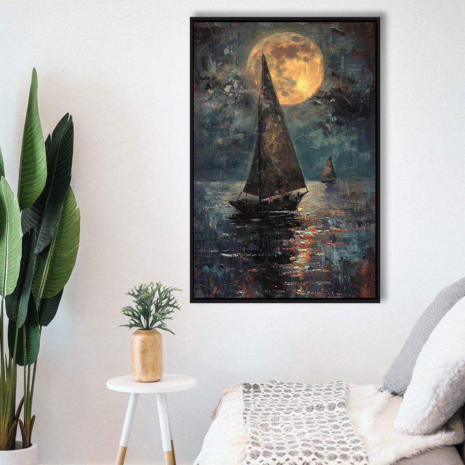 Muted Sailboat In Moonlight Oil Painting V1, Framed Canvas Prints Wall Art Decor, Floarting Frame Painting Canvas Art