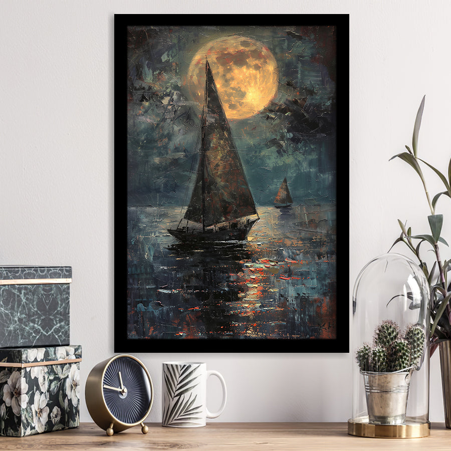 Muted Sailboat In Moonlight Oil Painting V1, Framed Art Prints Wall Decor, Picture Framed Painting