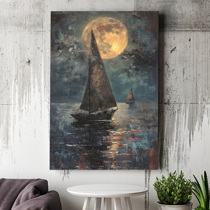 Muted Sailboat In Moonlight Oil Painting V1, Canvas Prints Wall Art Home Decor, Painting Canvas Art
