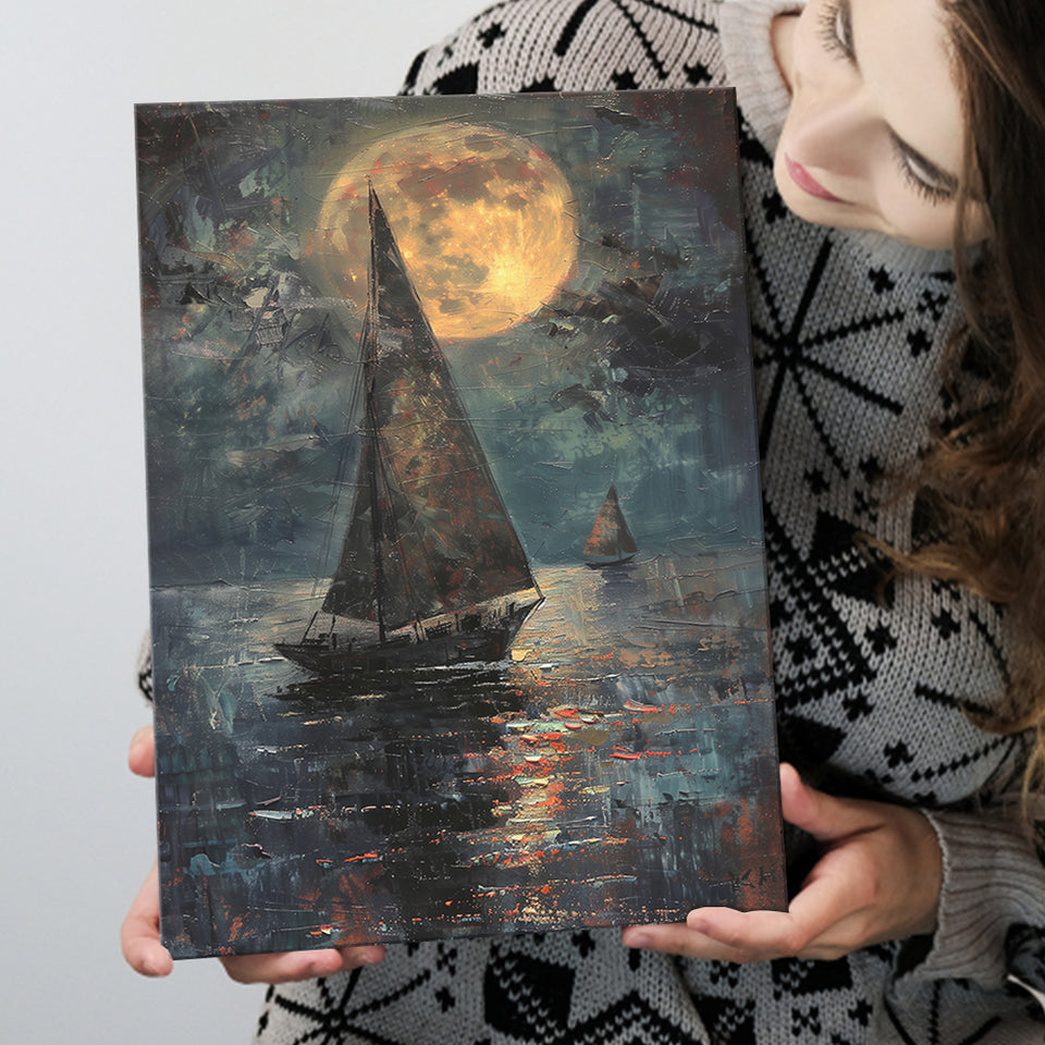 Muted Sailboat In Moonlight Oil Painting V1, Canvas Prints Wall Art Home Decor, Painting Canvas Art