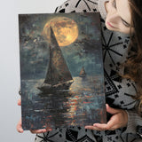 Muted Sailboat In Moonlight Oil Painting V1, Canvas Prints Wall Art Home Decor, Painting Canvas Art