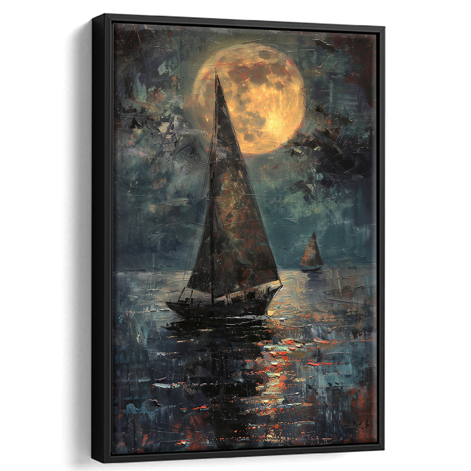 Muted Sailboat In Moonlight Oil Painting V1, Framed Canvas Prints Wall Art Decor, Floarting Frame Painting Canvas Art