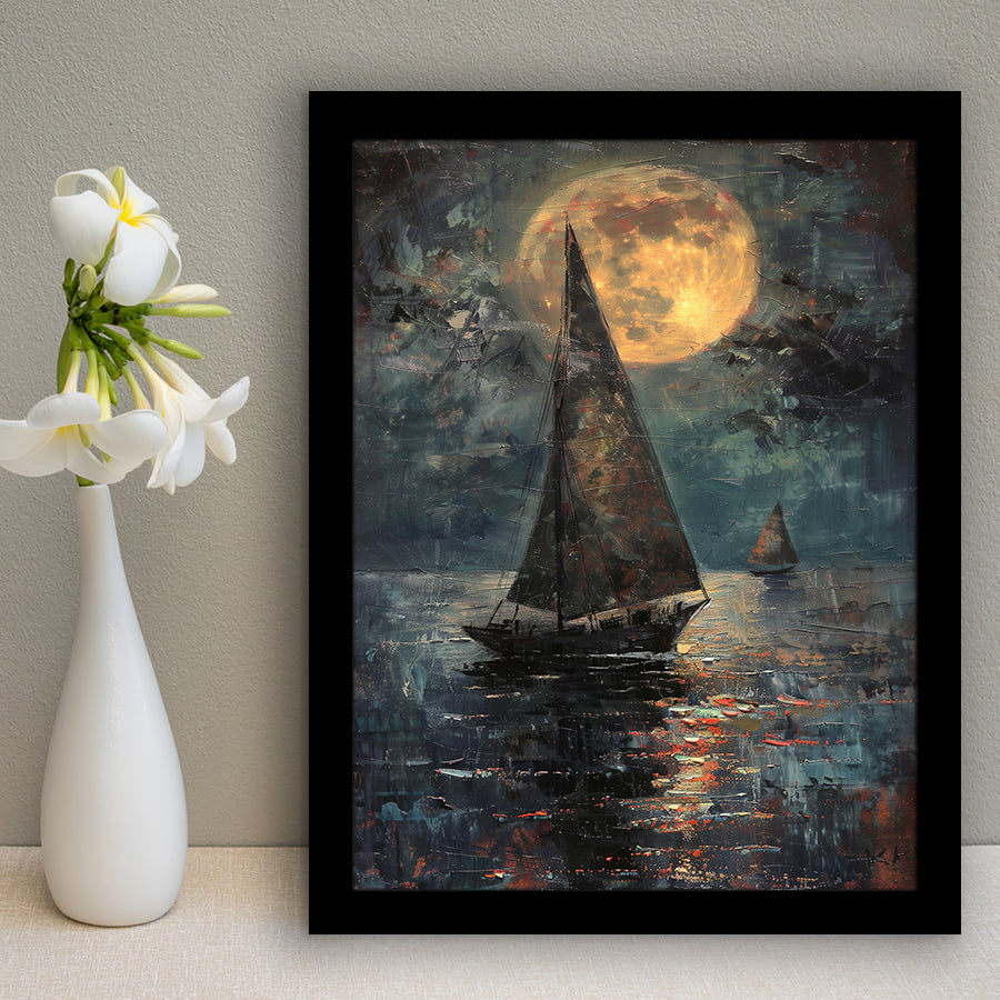 Muted Sailboat In Moonlight Oil Painting V1, Framed Art Prints Wall Decor, Picture Framed Painting
