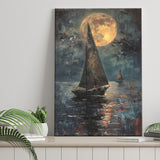 Muted Sailboat In Moonlight Oil Painting V1, Canvas Prints Wall Art Home Decor, Painting Canvas Art
