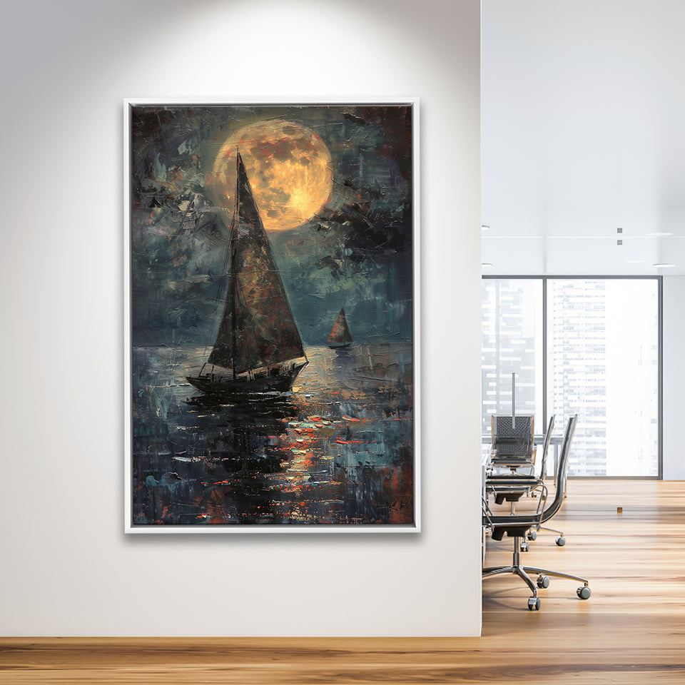 Muted Sailboat In Moonlight Oil Painting V1, Framed Canvas Prints Wall Art Decor, Floarting Frame Painting Canvas Art