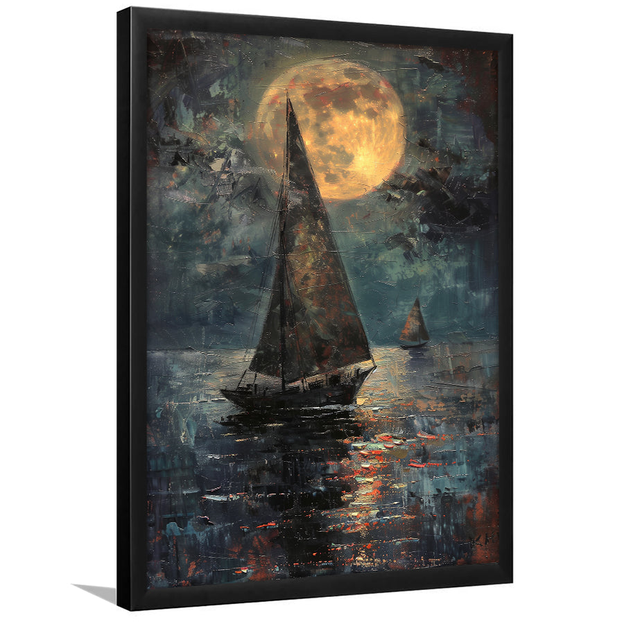 Muted Sailboat In Moonlight Oil Painting V1, Framed Art Prints Wall Decor, Picture Framed Painting