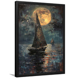 Muted Sailboat In Moonlight Oil Painting V1, Framed Art Prints Wall Decor, Picture Framed Painting