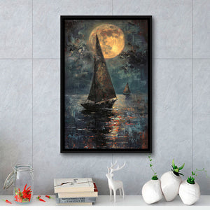 Muted Sailboat In Moonlight Oil Painting V1, Framed Canvas Prints Wall Art Decor, Floarting Frame Painting Canvas Art