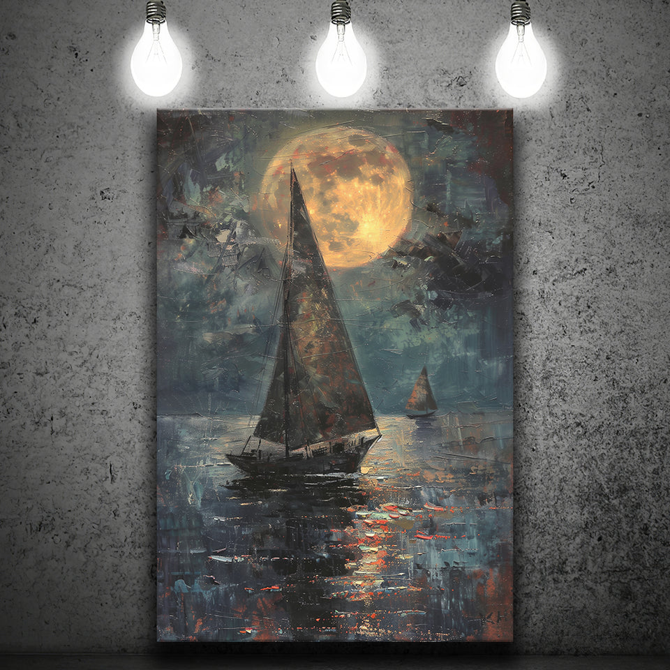 Muted Sailboat In Moonlight Oil Painting V1, Canvas Prints Wall Art Home Decor, Painting Canvas Art