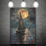 Muted Sailboat In Moonlight Oil Painting V1, Canvas Prints Wall Art Home Decor, Painting Canvas Art