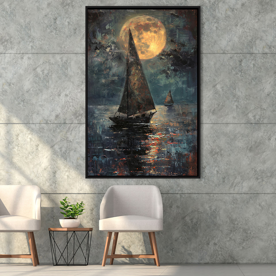 Muted Sailboat In Moonlight Oil Painting V1, Framed Canvas Prints Wall Art Decor, Floarting Frame Painting Canvas Art