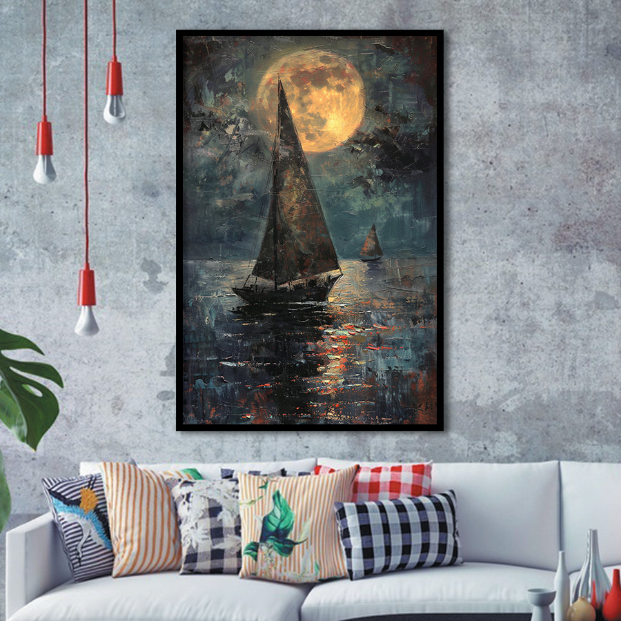 Muted Sailboat In Moonlight Oil Painting V1, Framed Art Prints Wall Decor, Picture Framed Painting