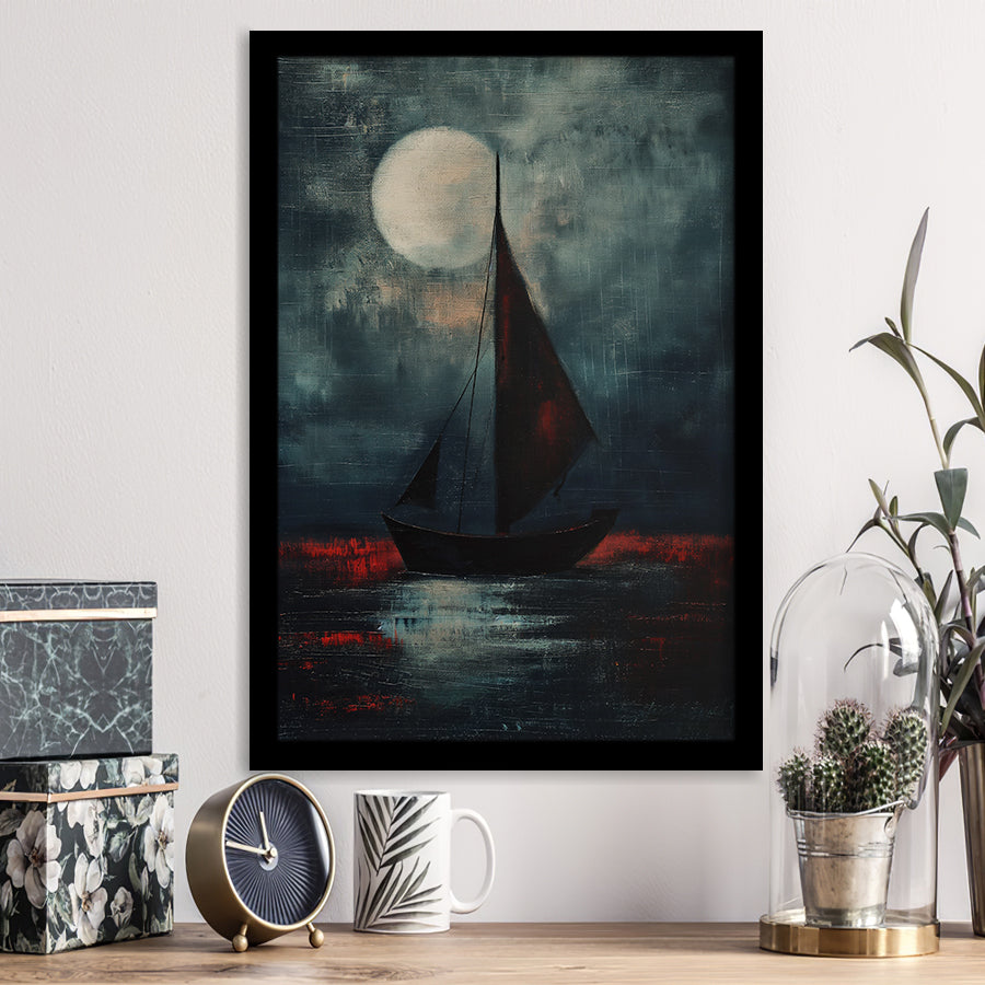 Muted Sailboat In Moonlight Oil Painting V2, Framed Art Prints Wall Decor, Picture Framed Painting