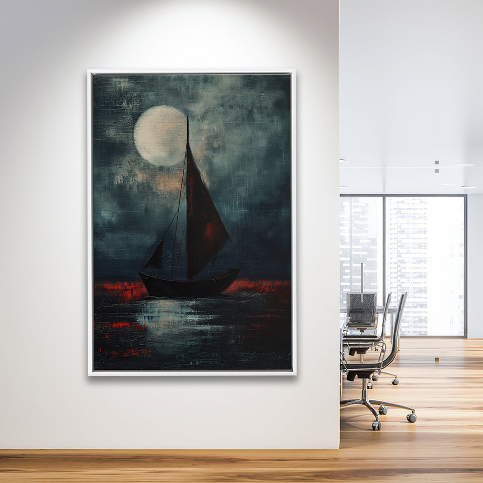 Muted Sailboat In Moonlight Oil Painting V2, Framed Canvas Prints Wall Art Decor, Floarting Frame Painting Canvas Art